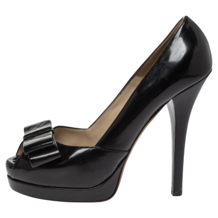 Fendi Black Patent Leather Bow Peep Toe Platform Pumps Size 36 For Sale