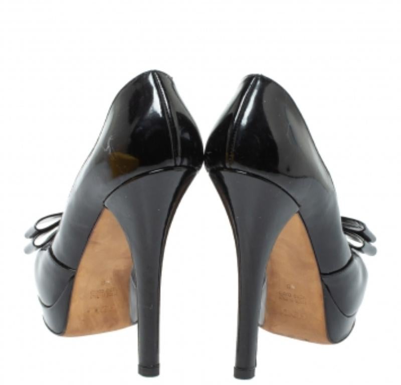 Women's Fendi Black Patent Leather Bow Peep Toe Platform Pumps Size 38 For Sale