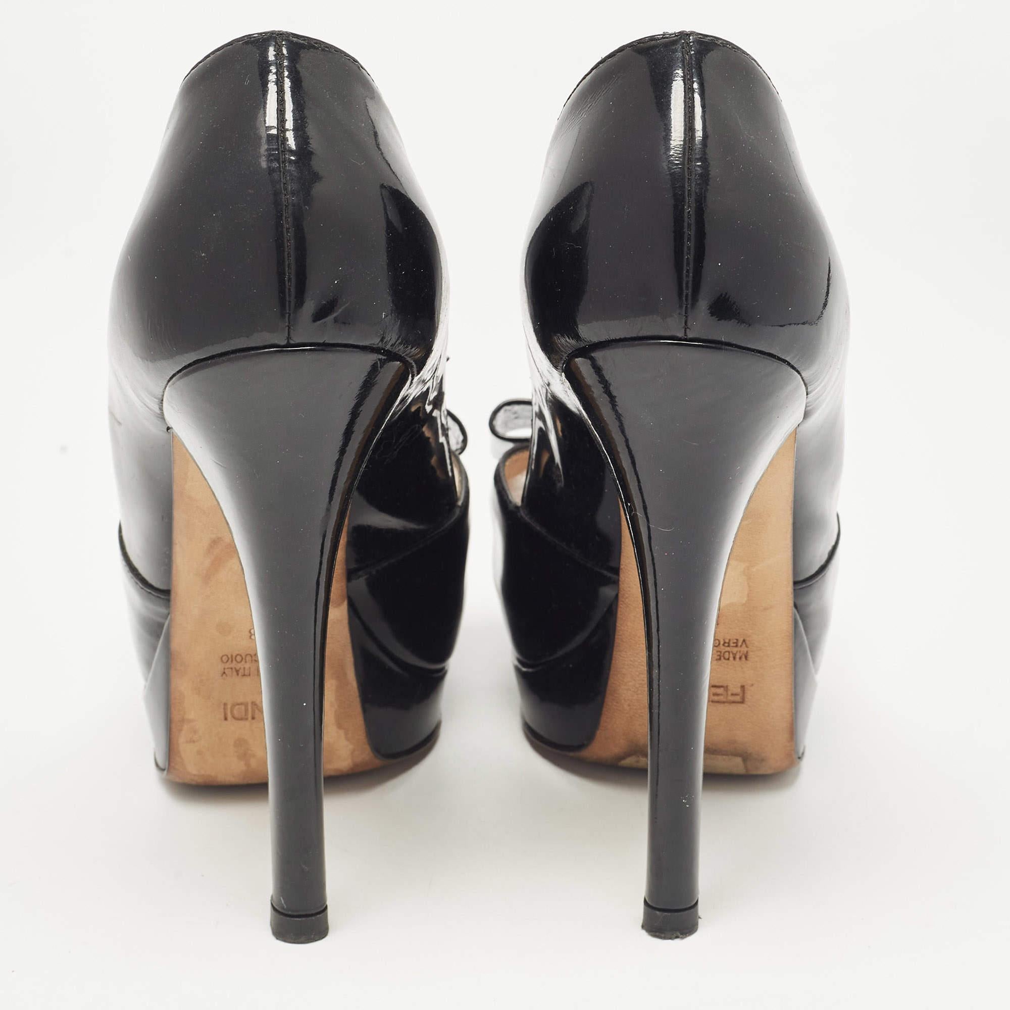 Fendi Black Patent Leather Bow Peep Toe Platform Pumps Size 38 For Sale 1