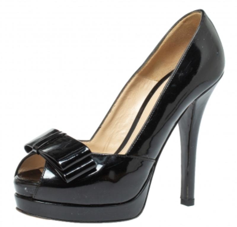 Fendi Black Patent Leather Bow Peep Toe Platform Pumps Size 38 For Sale 1