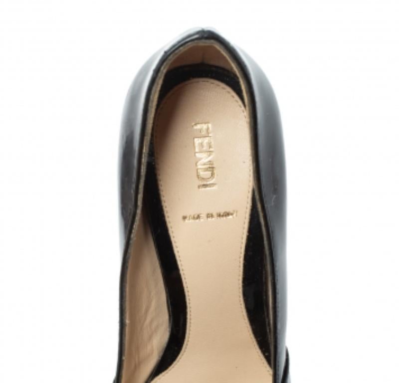 Fendi Black Patent Leather Bow Peep Toe Platform Pumps Size 38 For Sale 2