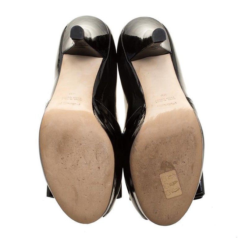 Fendi Black Patent Leather Deco Peep Toe Bow Platform Pumps Size 38 For ...