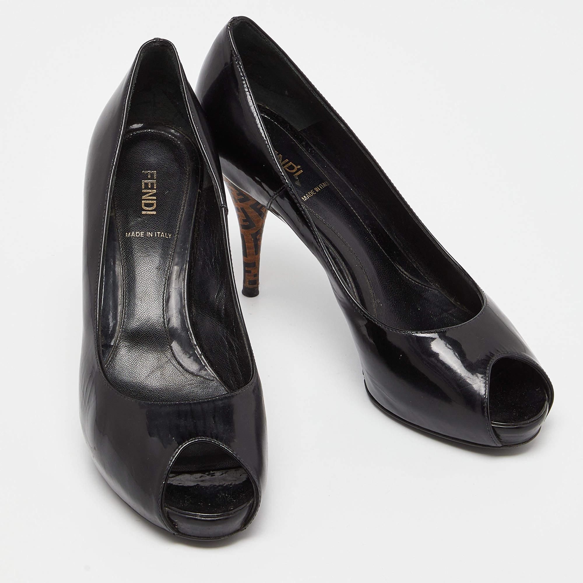 Women's Fendi Black Patent Leather FF Heel Peep Toe Pumps Size 38 For Sale