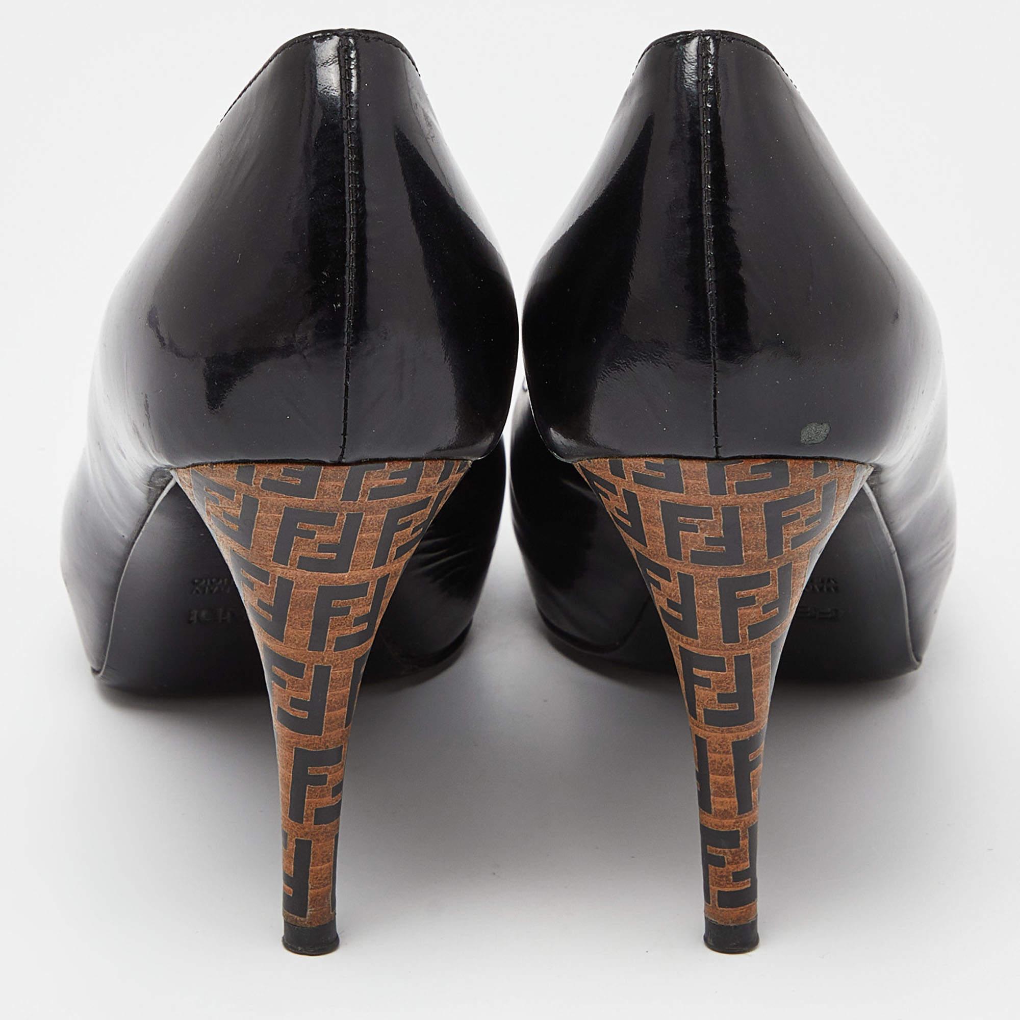 Fendi Black Patent Leather FF Heel Peep Toe Pumps Size 38 For Sale 1