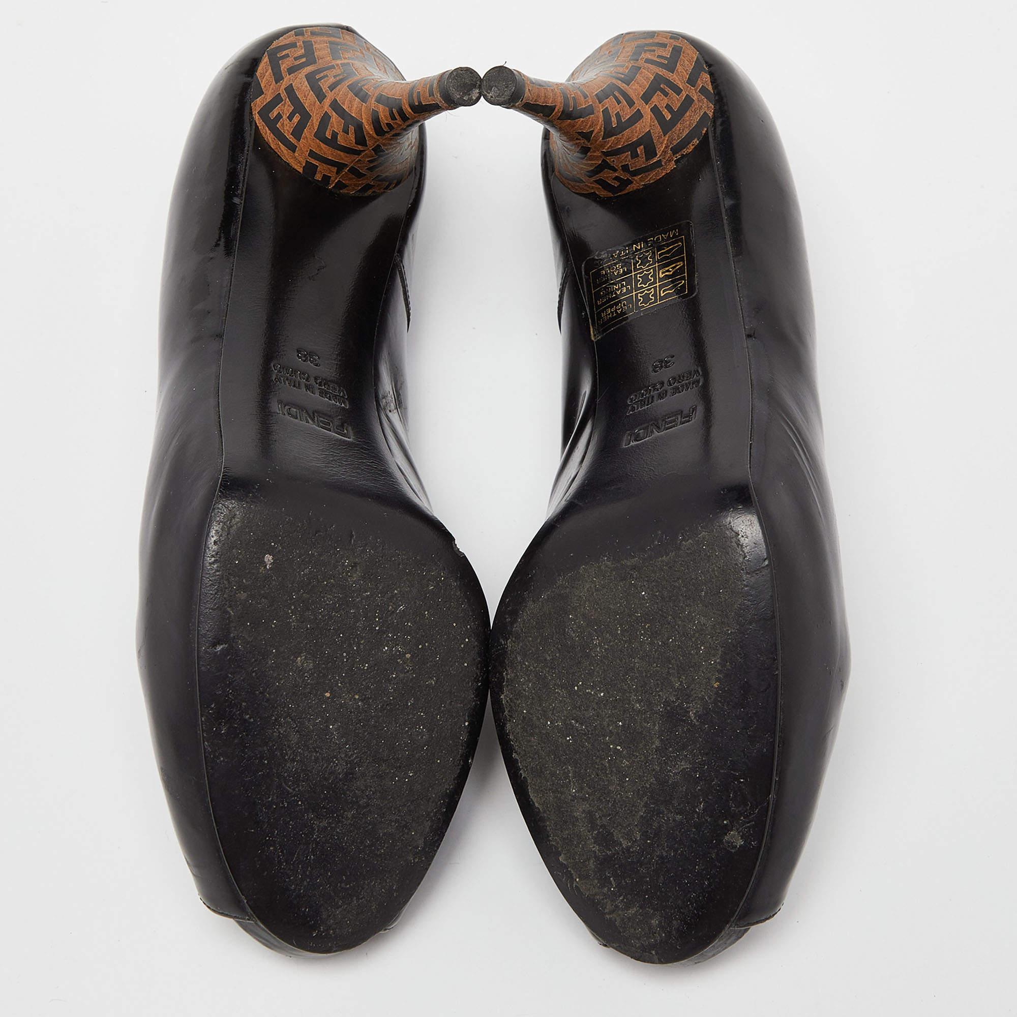 Fendi Black Patent Leather FF Heel Peep Toe Pumps Size 38 For Sale 2