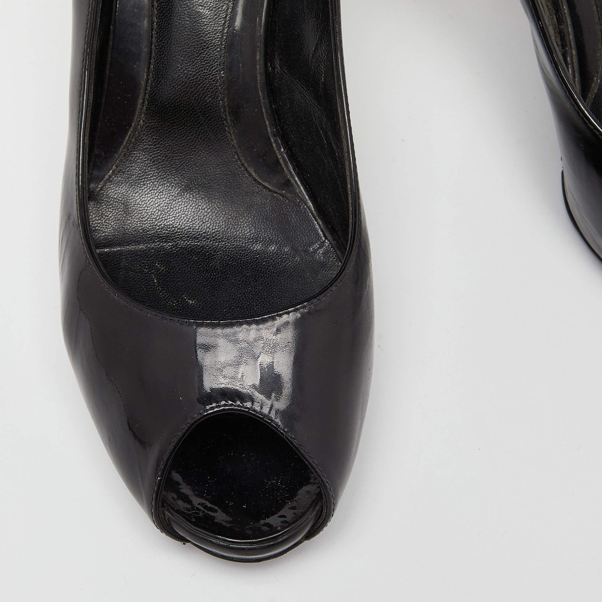 Fendi Black Patent Leather FF Heel Peep Toe Pumps Size 38 For Sale 3