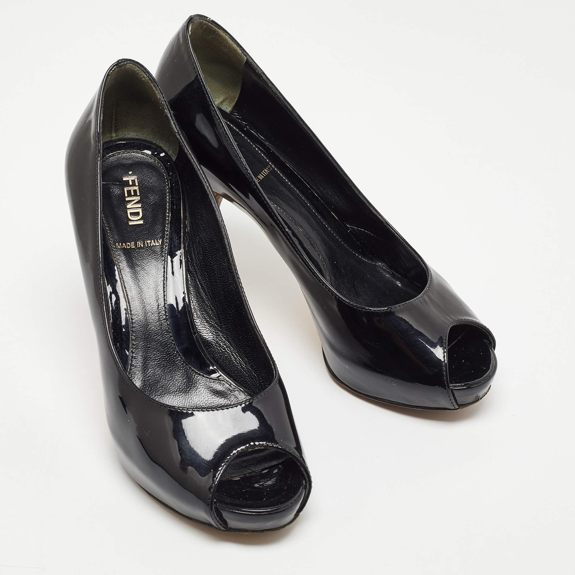 Women's Fendi Black Patent Leather FF Heels Peep Toe Platform Pumps Size 35.5 For Sale
