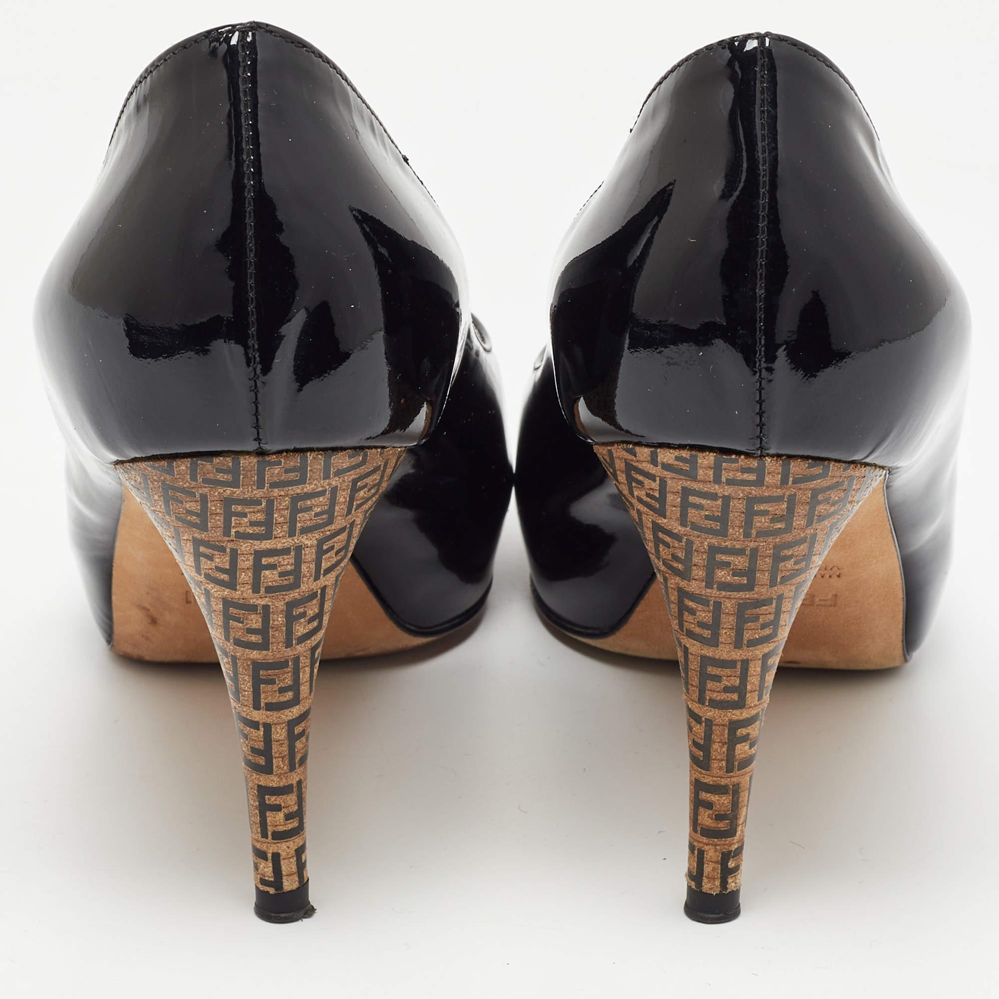 Fendi Black Patent Leather FF Heels Peep Toe Platform Pumps Size 35.5 For Sale 1