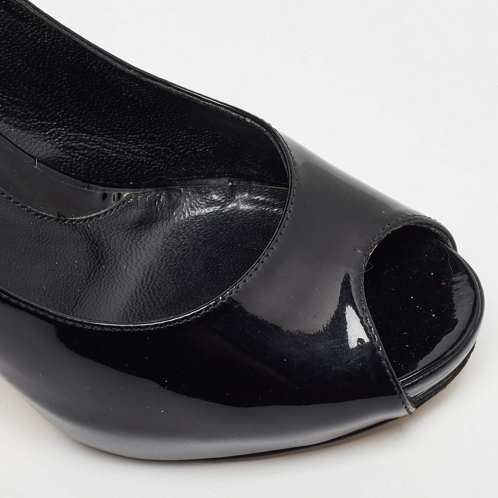Fendi Black Patent Leather FF Heels Peep Toe Platform Pumps Size 35.5 For Sale 3