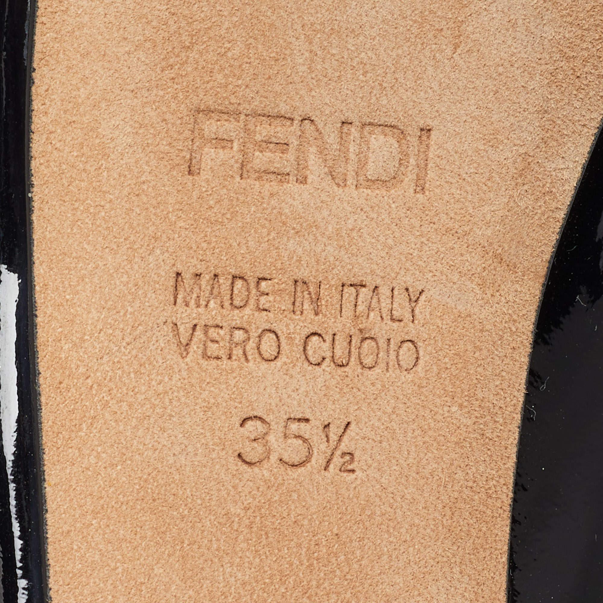 Fendi Black Patent Leather FF Heels Peep Toe Platform Pumps Size 35.5 For Sale 4