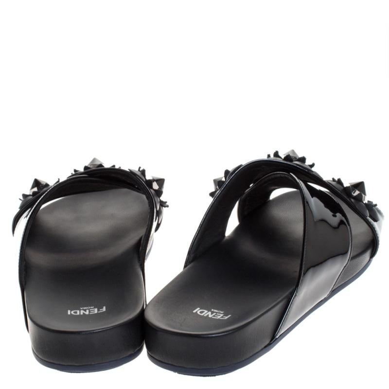 Women's Fendi Black Patent Leather Flower Stud Embellished Flat Slides Size 38