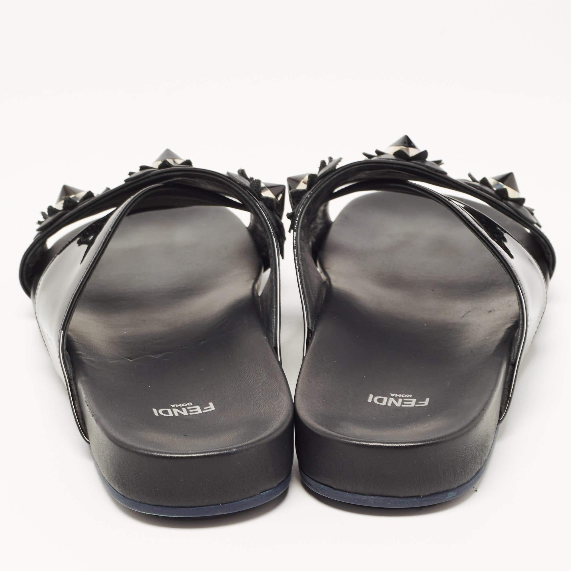 Fendi Black Patent Leather Flowerland Stud Criss Cross Flat Sandals Size 41 3