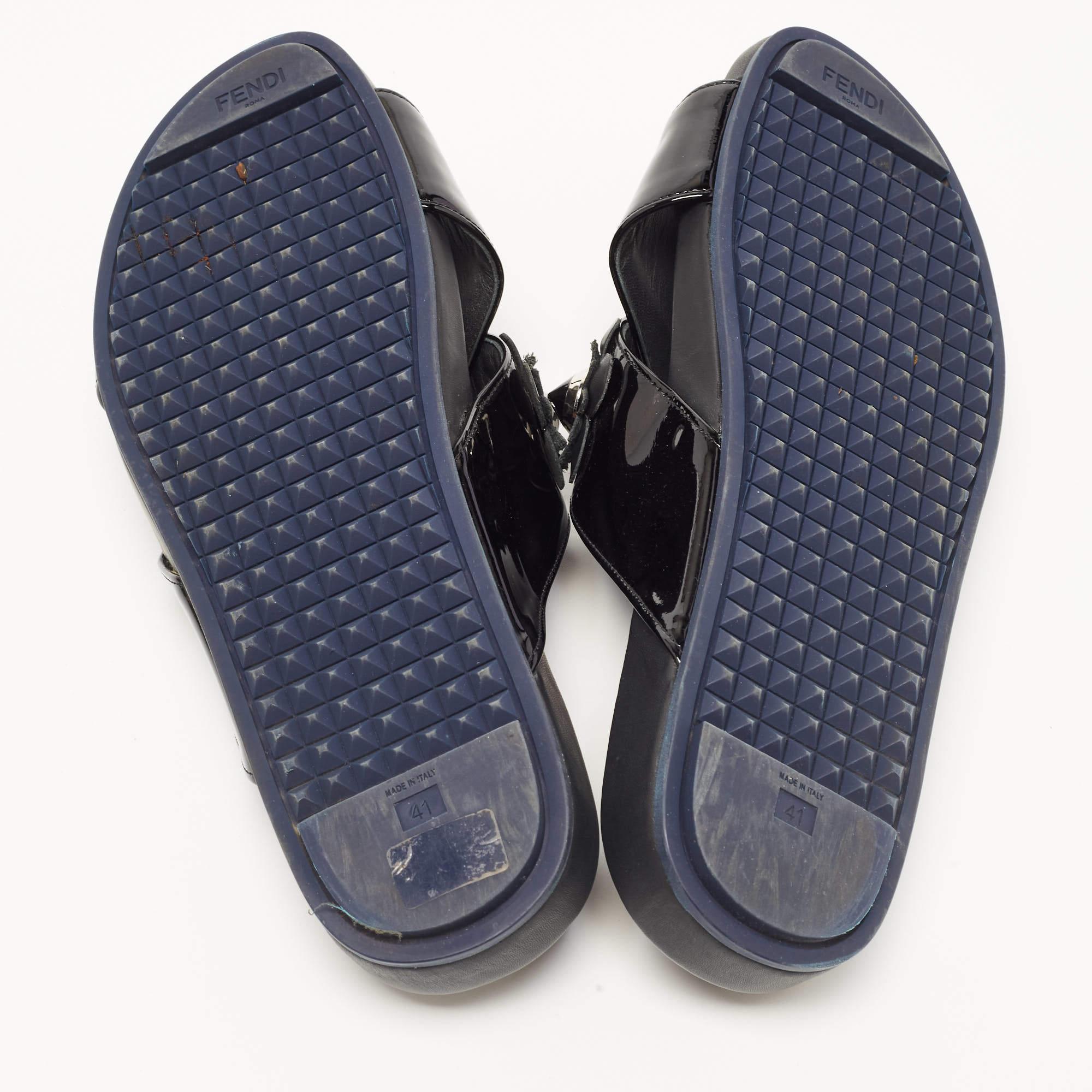 Fendi Black Patent Leather Flowerland Stud Criss Cross Flat Sandals Size 41 4
