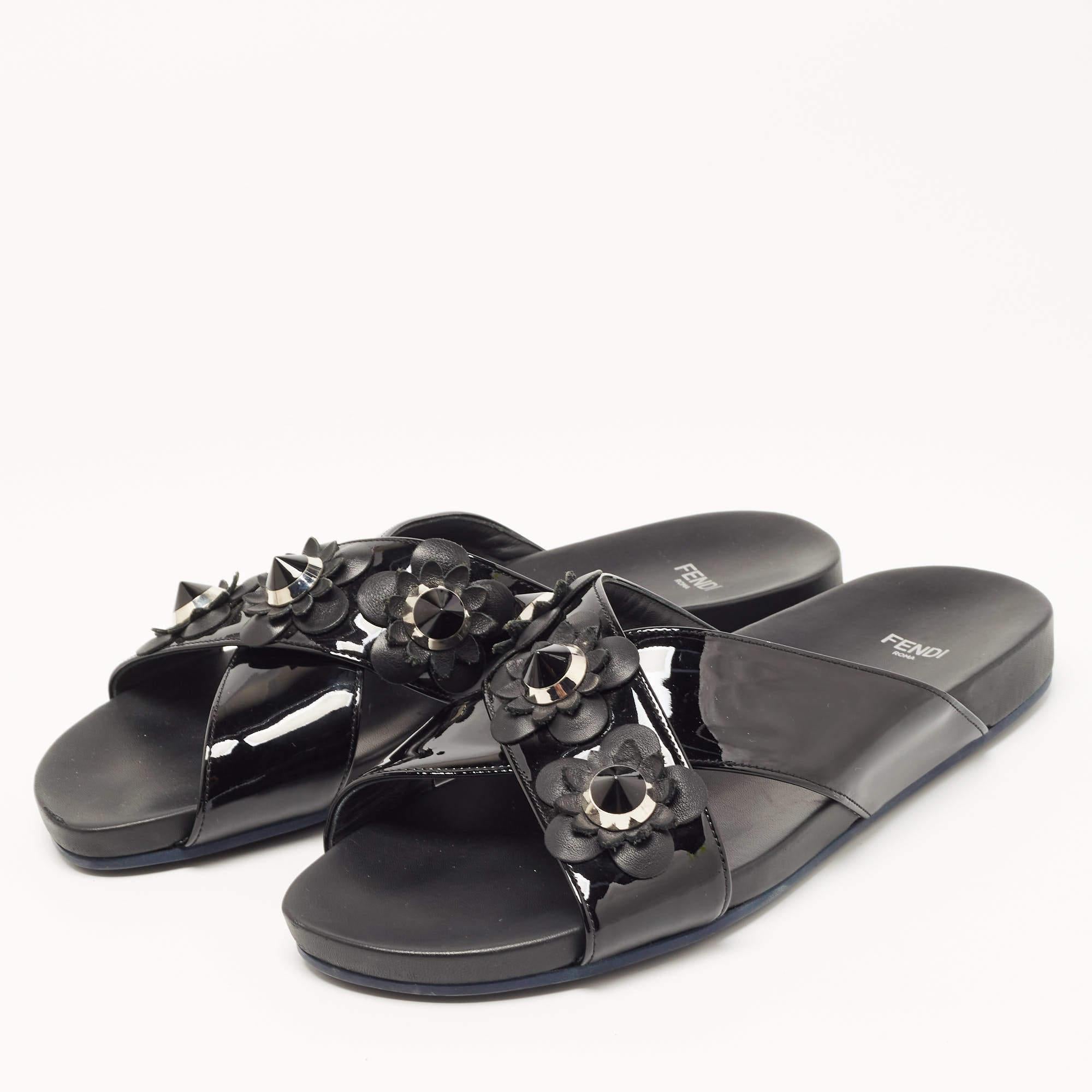 Fendi Black Patent Leather Flowerland Stud Criss Cross Flat Sandals Size 41 5