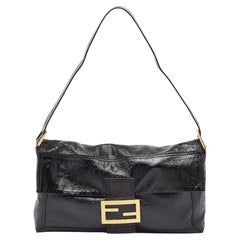 Fendi Black Patent Leather Large Convertible Baguette Bag