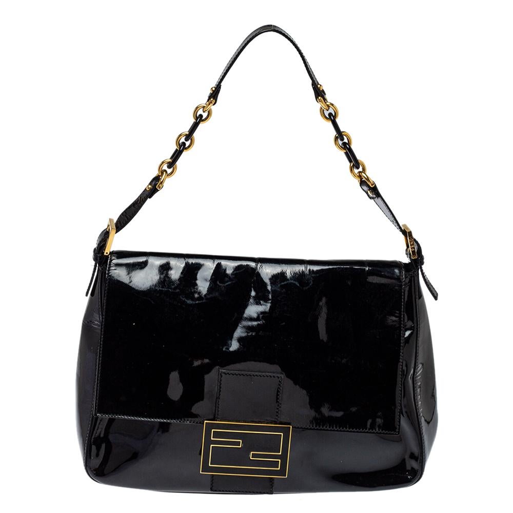 Fendi Black Patent Leather Large Mama Forever Flap Shoulder Bag