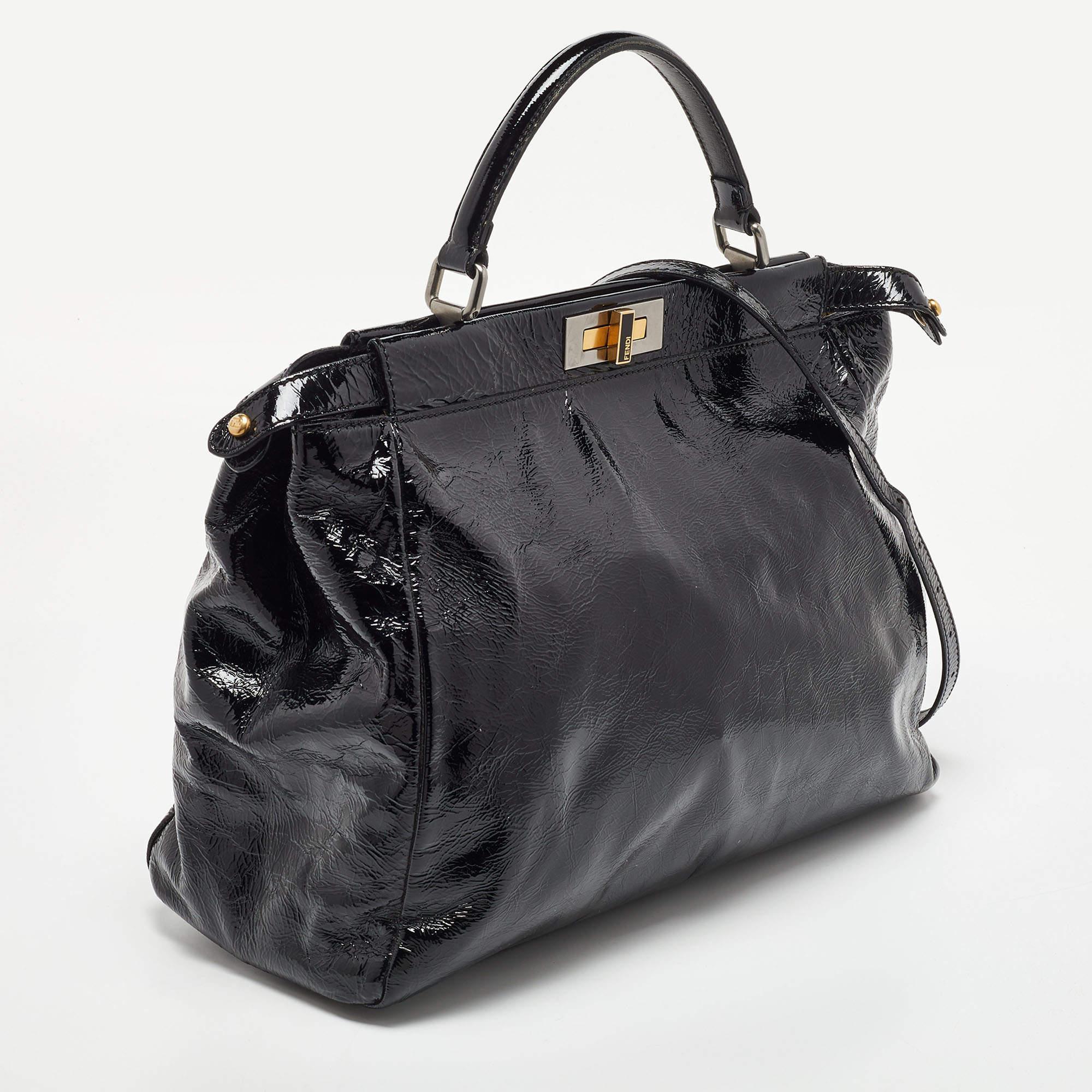 Women's Fendi Black Patent Leather Large Peekaboo Top Handle Bag