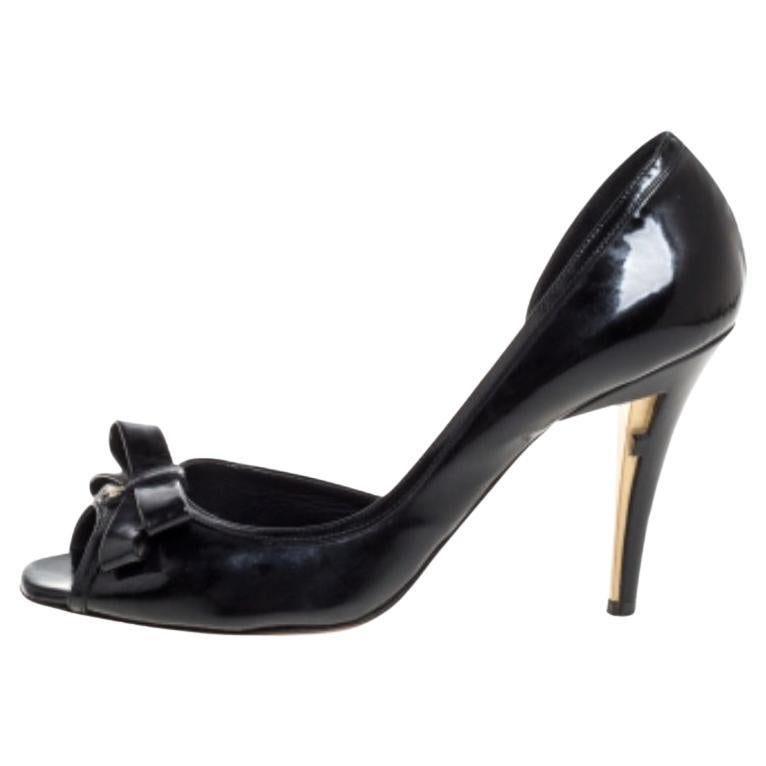 Fendi Black Patent Leather Peep Toe Bow Pumps Size 39 For Sale
