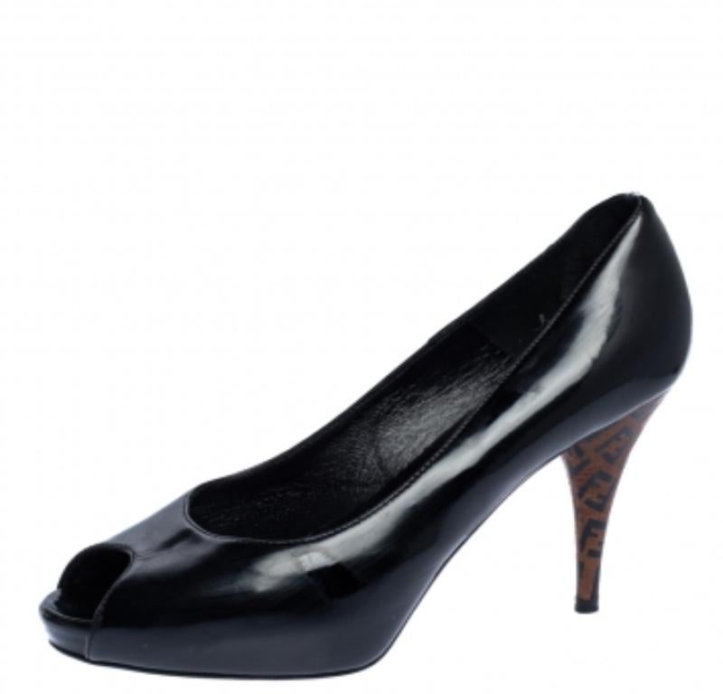 Fendi Black Patent Leather Peep Toe Platform Pumps Size 39 For Sale 2