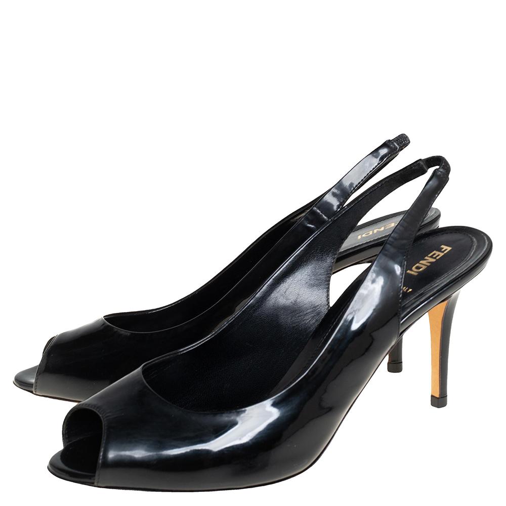 Women's Fendi Black Patent Leather Peep Toe Slingback Sandals Size 41