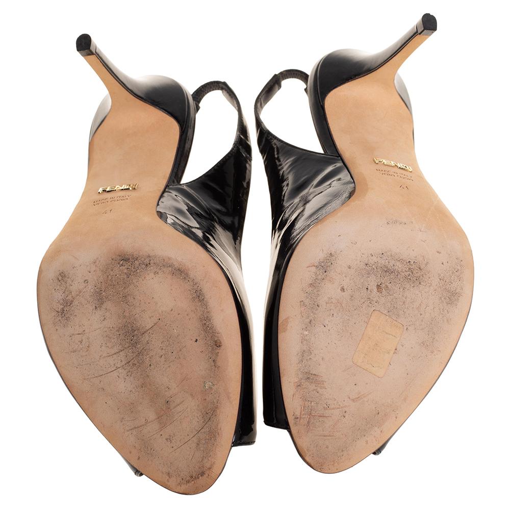 Fendi Black Patent Leather Peep Toe Slingback Sandals Size 41 3