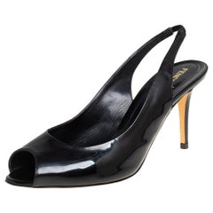 Fendi Black Patent Leather Peep Toe Slingback Sandals Size 41
