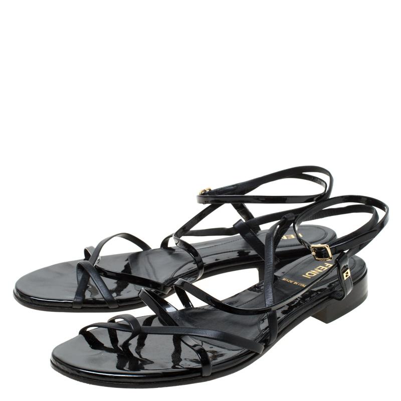 Women's Fendi Black Patent Leather Strapped Flat Sandals Size 38