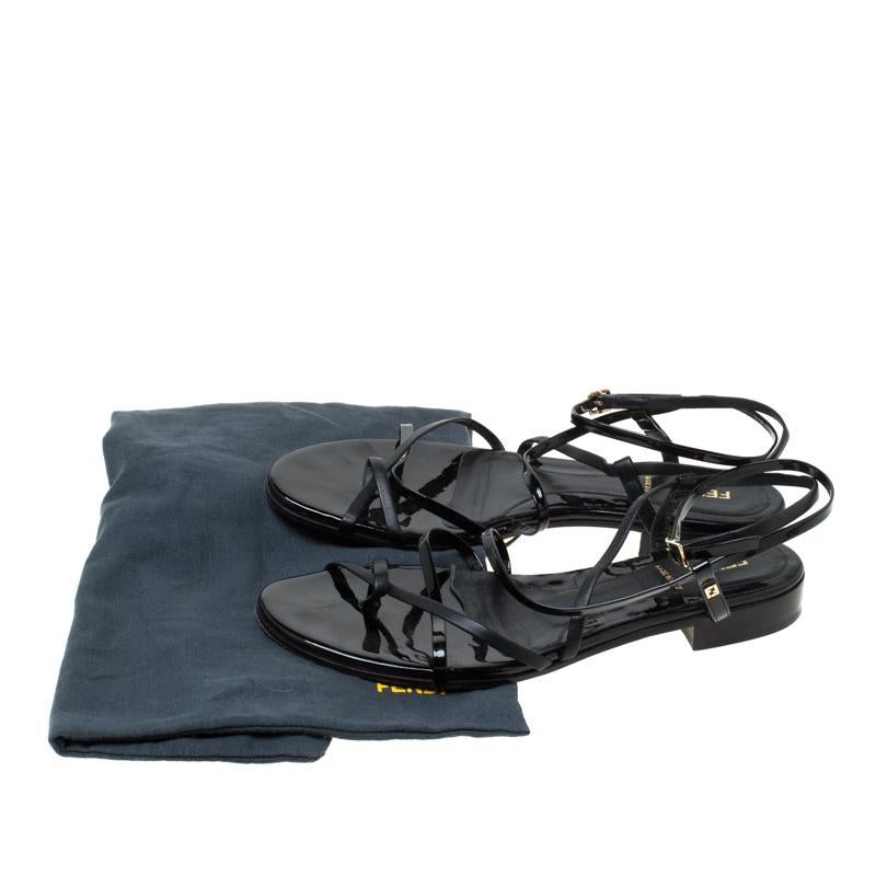 Fendi Black Patent Leather Strapped Flat Sandals Size 38 4
