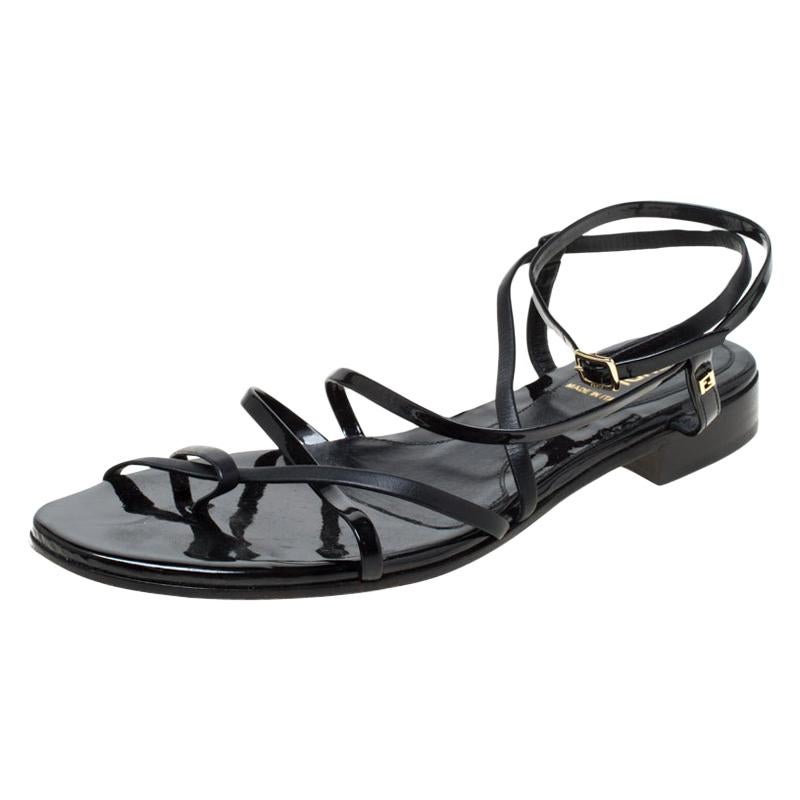 Fendi Black Patent Leather Strapped Flat Sandals Size 38