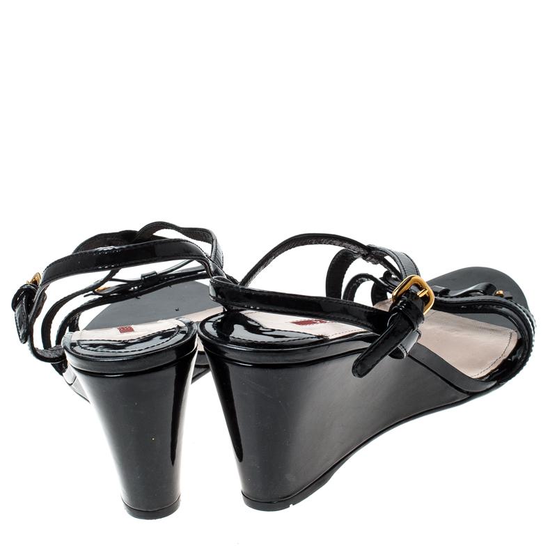 Fendi Black Patent Leather Strappy Open Toe Wedge Sandals Size 41 1