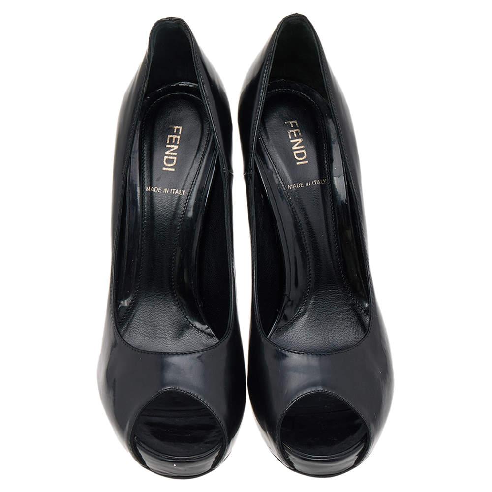 Fendi Black Patent Leather Zucchino Heel Peep Toe Platform Pumps Size 39 In Good Condition In Dubai, Al Qouz 2