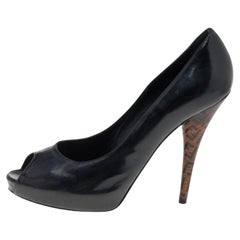 Fendi - Escarpins en cuir verni noir à talon et plateforme Peep Toe - Taille 39