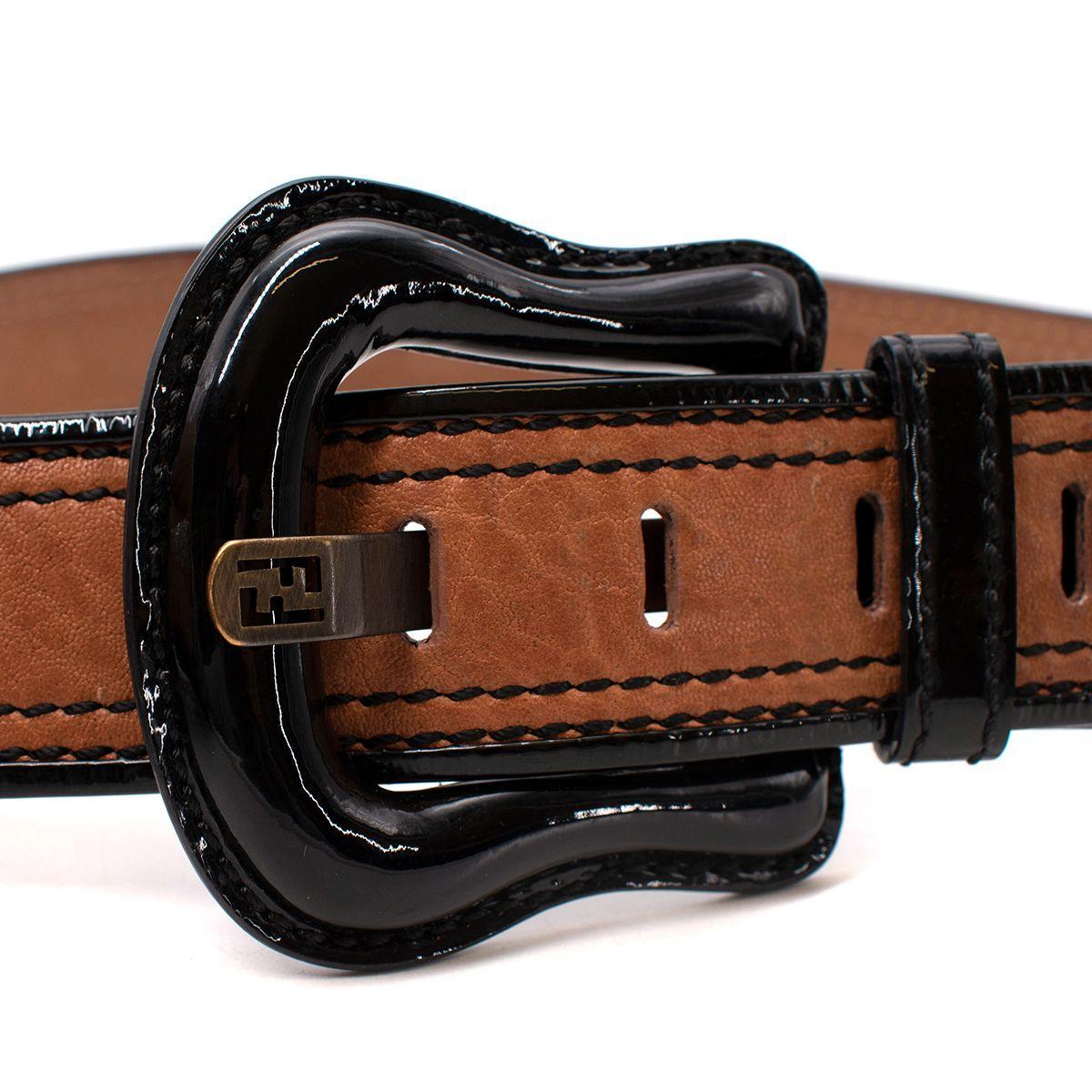 Fendi Black Patent & Tan Leather Belt 80 In Good Condition In London, GB