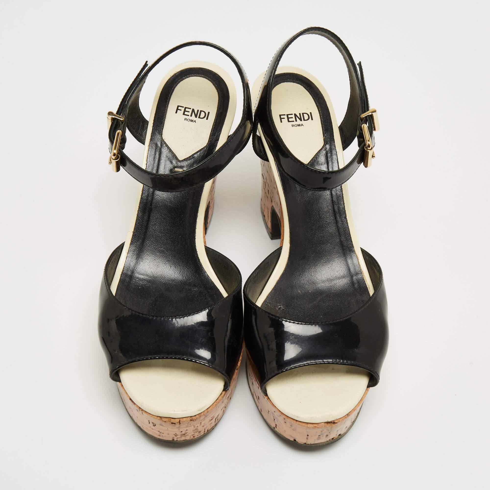 Women's Fendi Black Patent Wedge Platform Sandals Size 37.5