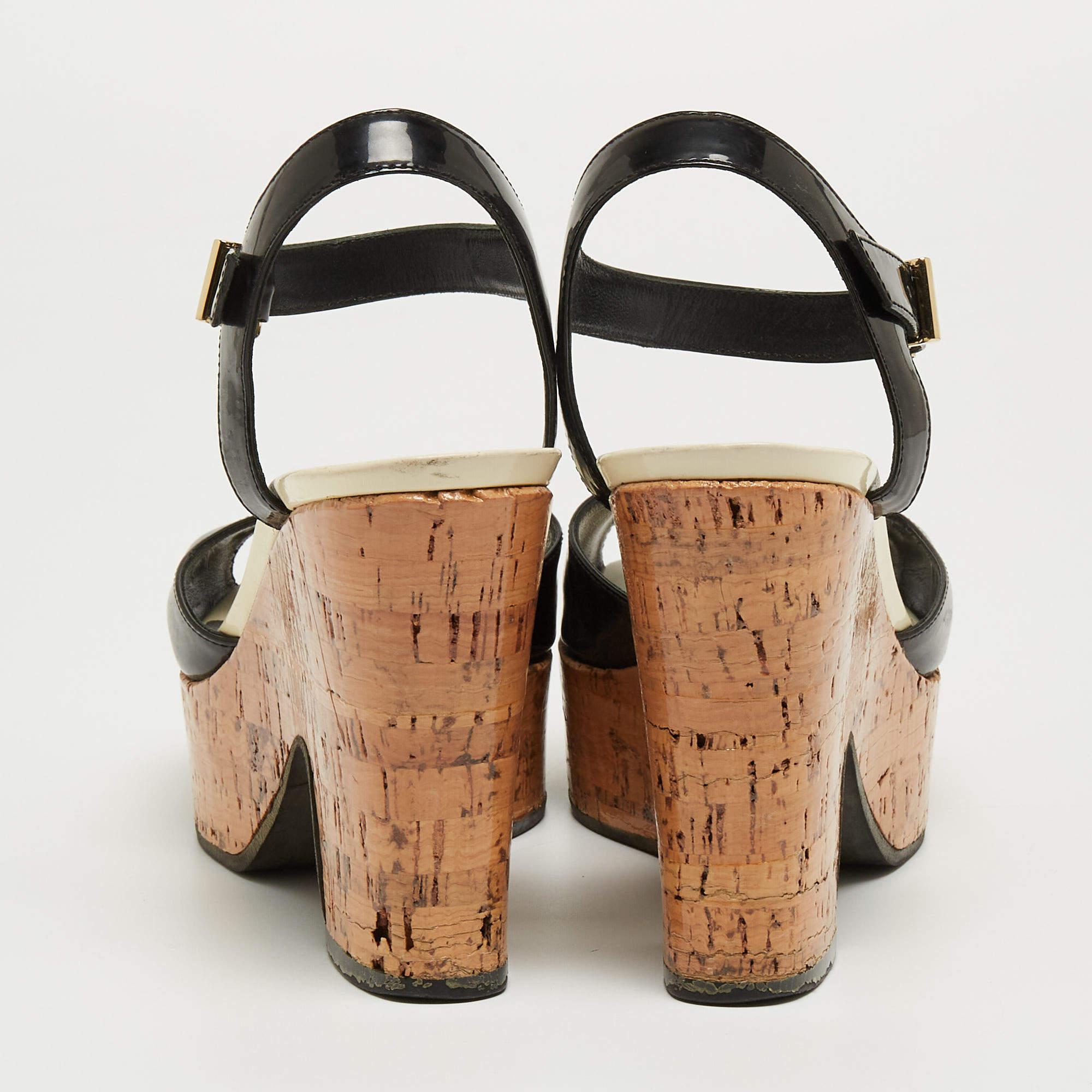 Fendi Black Patent Wedge Platform Sandals Size 37.5 2