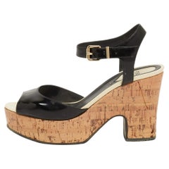 Fendi Black Patent Wedge Platform Sandals Size 37.5