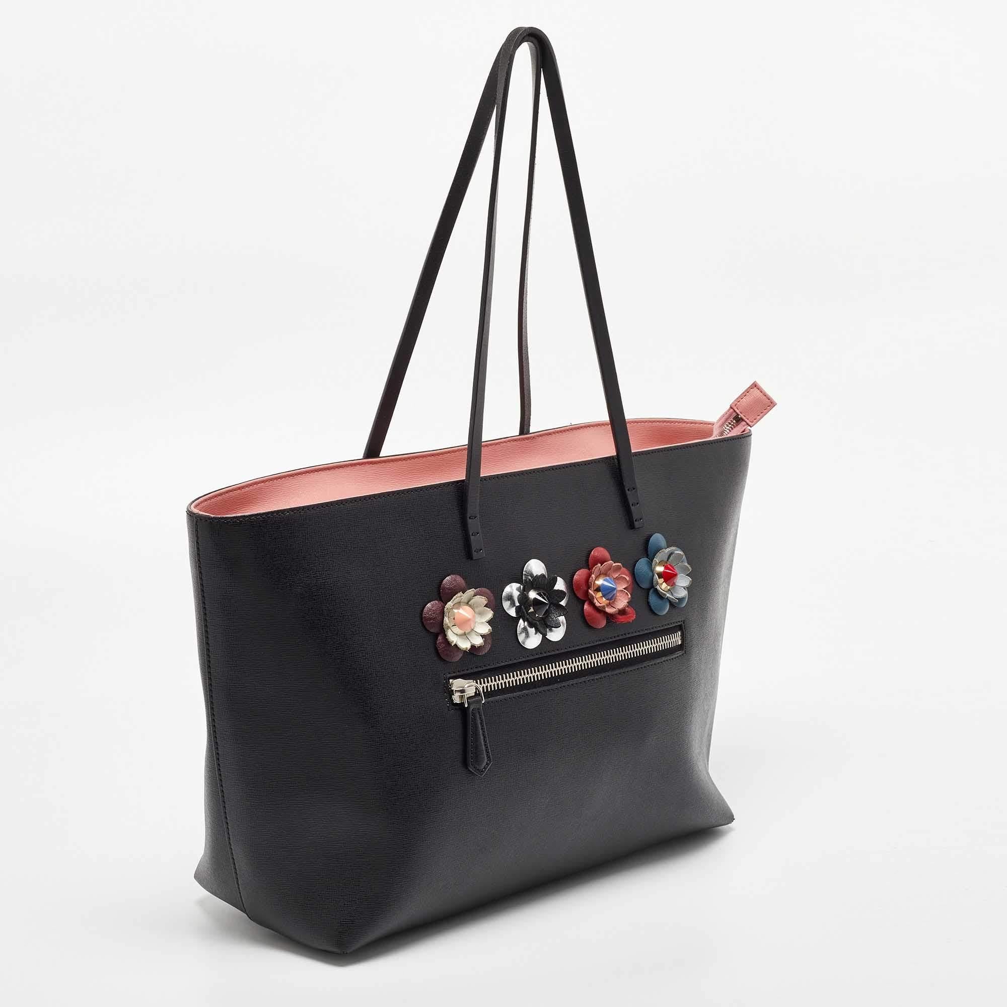 Fendi Black/Peach Leather Monster Roll Tote For Sale 7