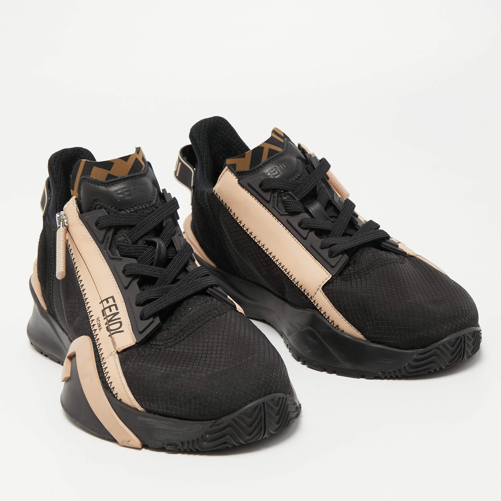 Fendi Black/Peach Suede and Nylon Flow Low Top Sneakers Size 39 In Excellent Condition In Dubai, Al Qouz 2