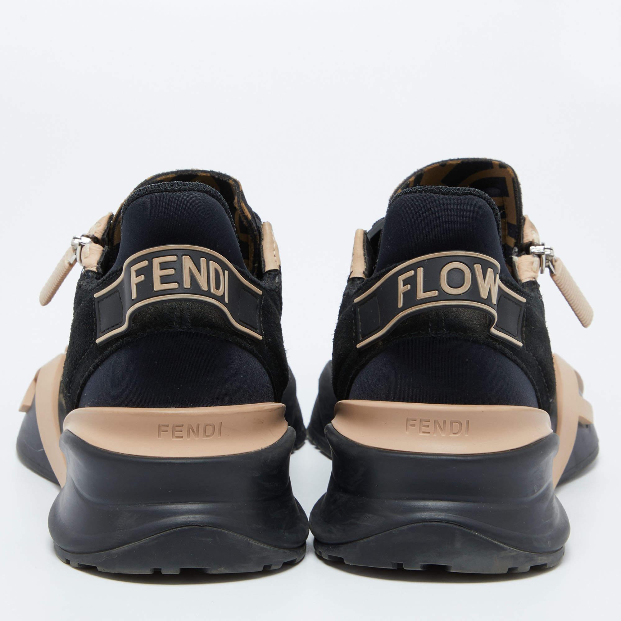 Fendi Black/Peach Suede and Nylon Flow Sneakers Size 39 In Good Condition In Dubai, Al Qouz 2