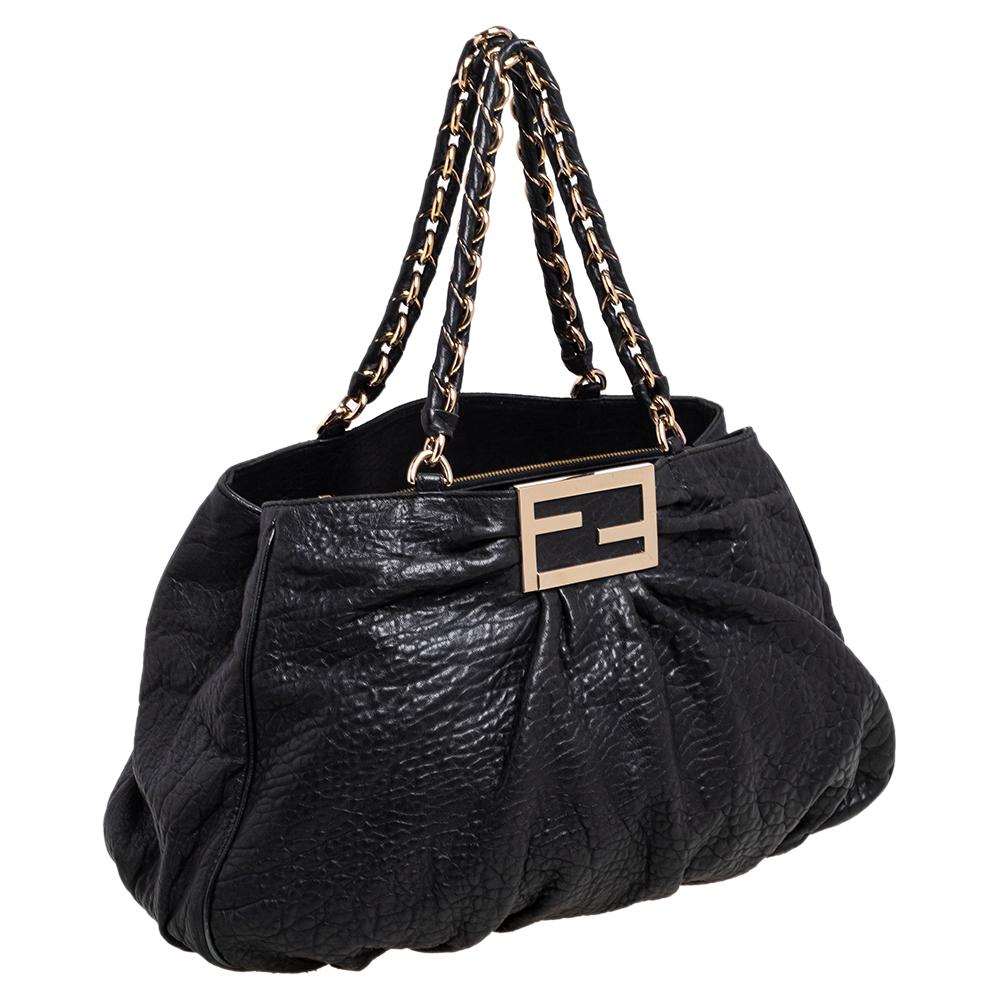 Women's Fendi Black Pebbled Leather Large Mia Shoulder Bag