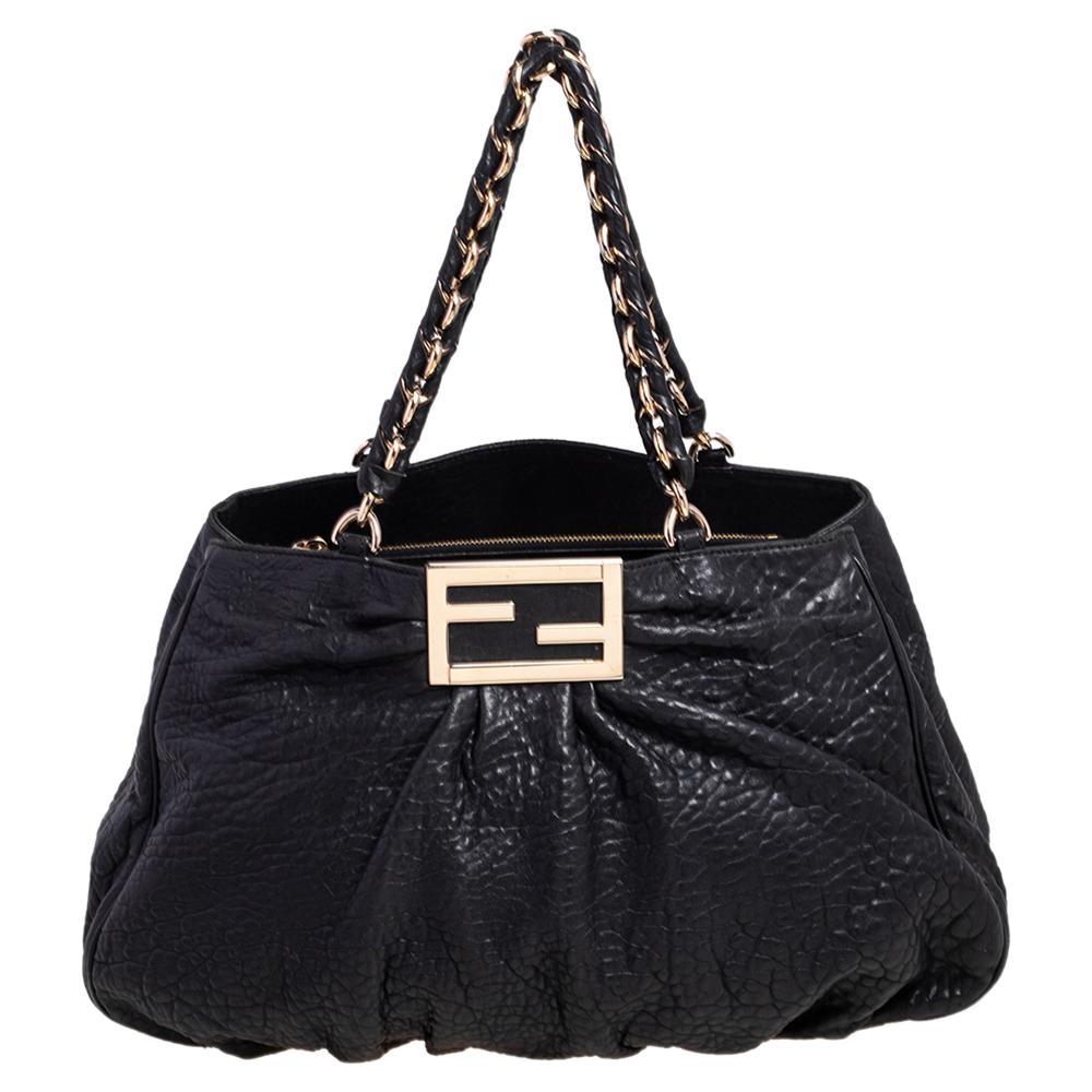 Fendi Black Pebbled Leather Large Mia Shoulder Bag