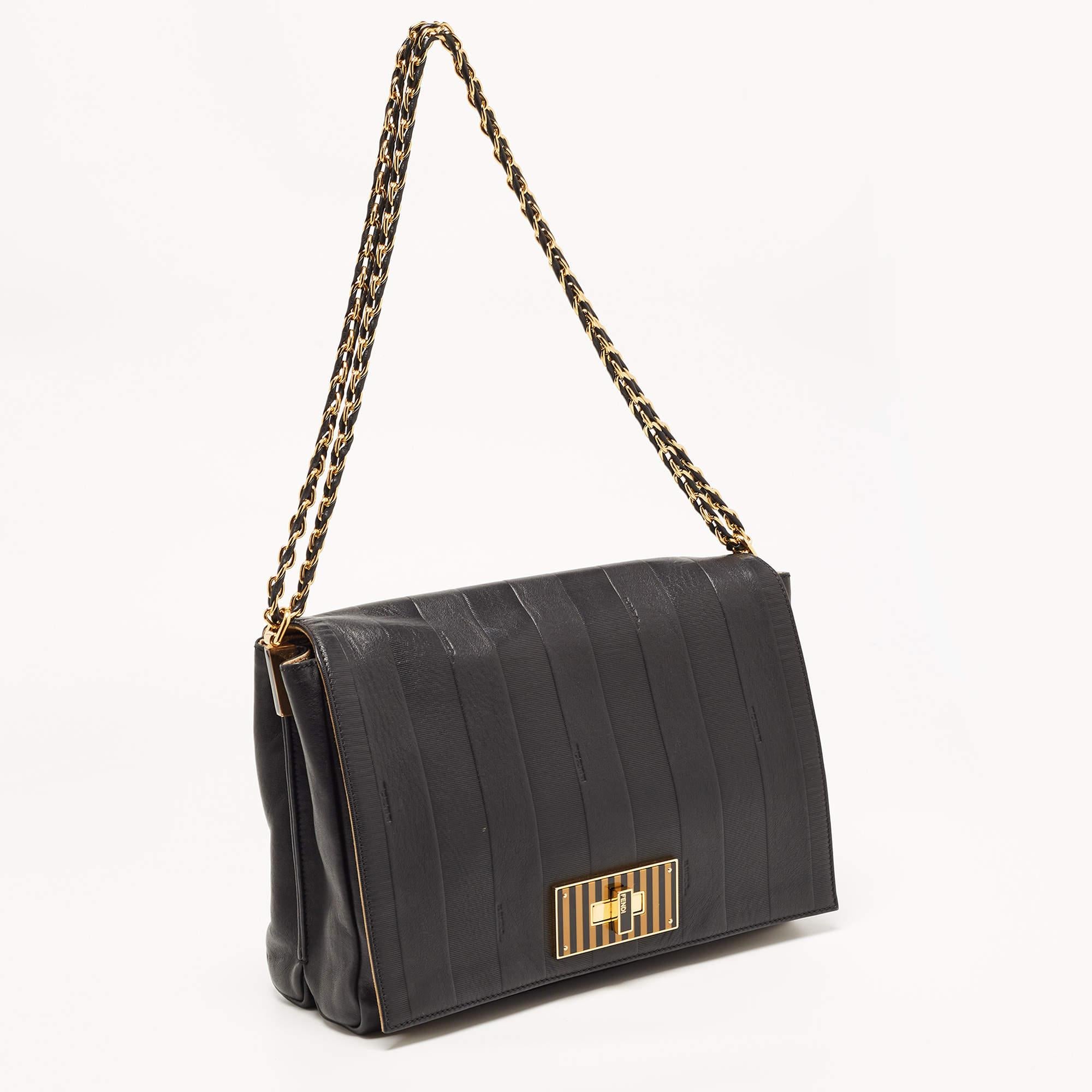 Women's Fendi Black Pequin Stripe Embossed Leather Large Claudia Shoulder Bag