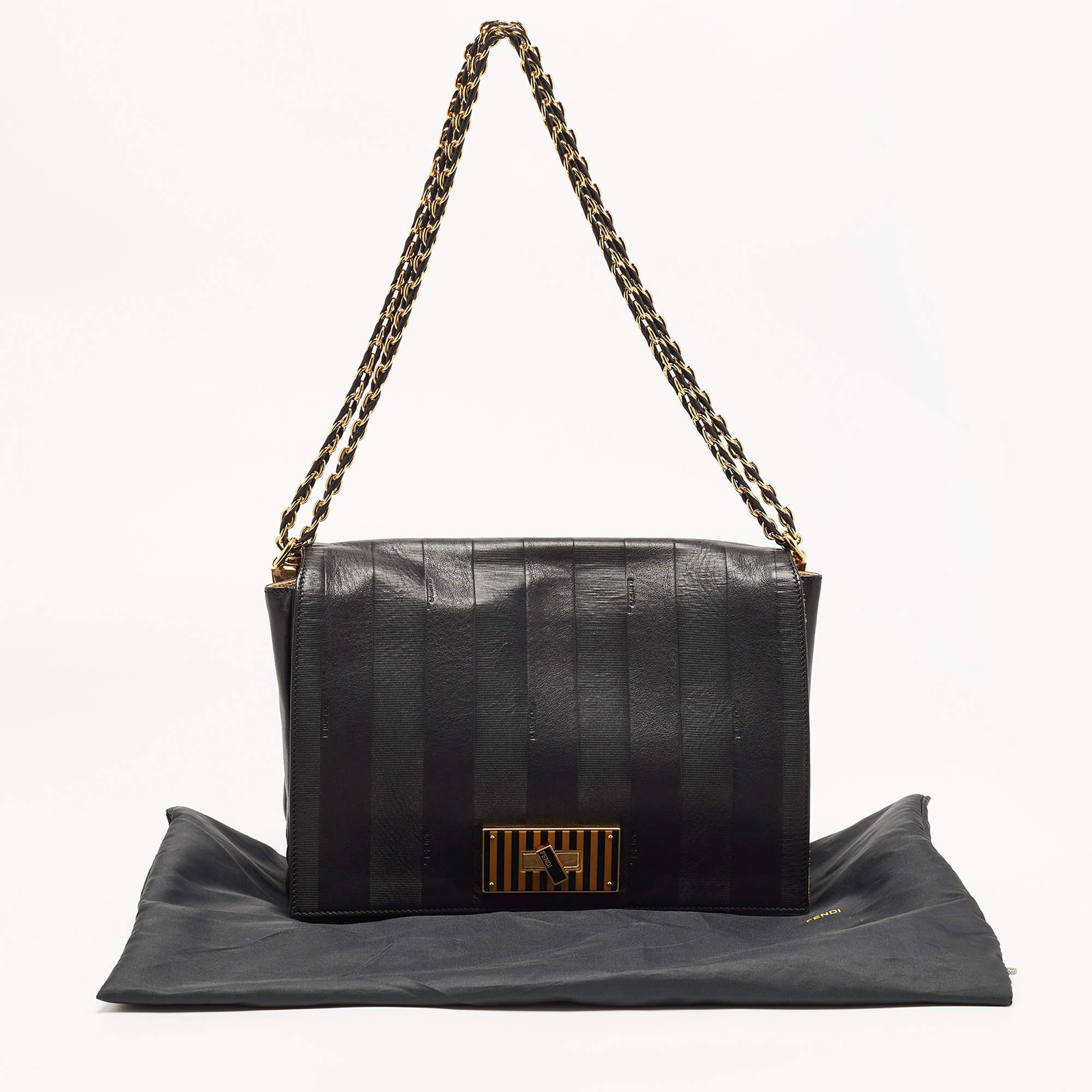 Fendi Black Pequin Stripe Embossed Leather Large Claudia Shoulder Bag 4