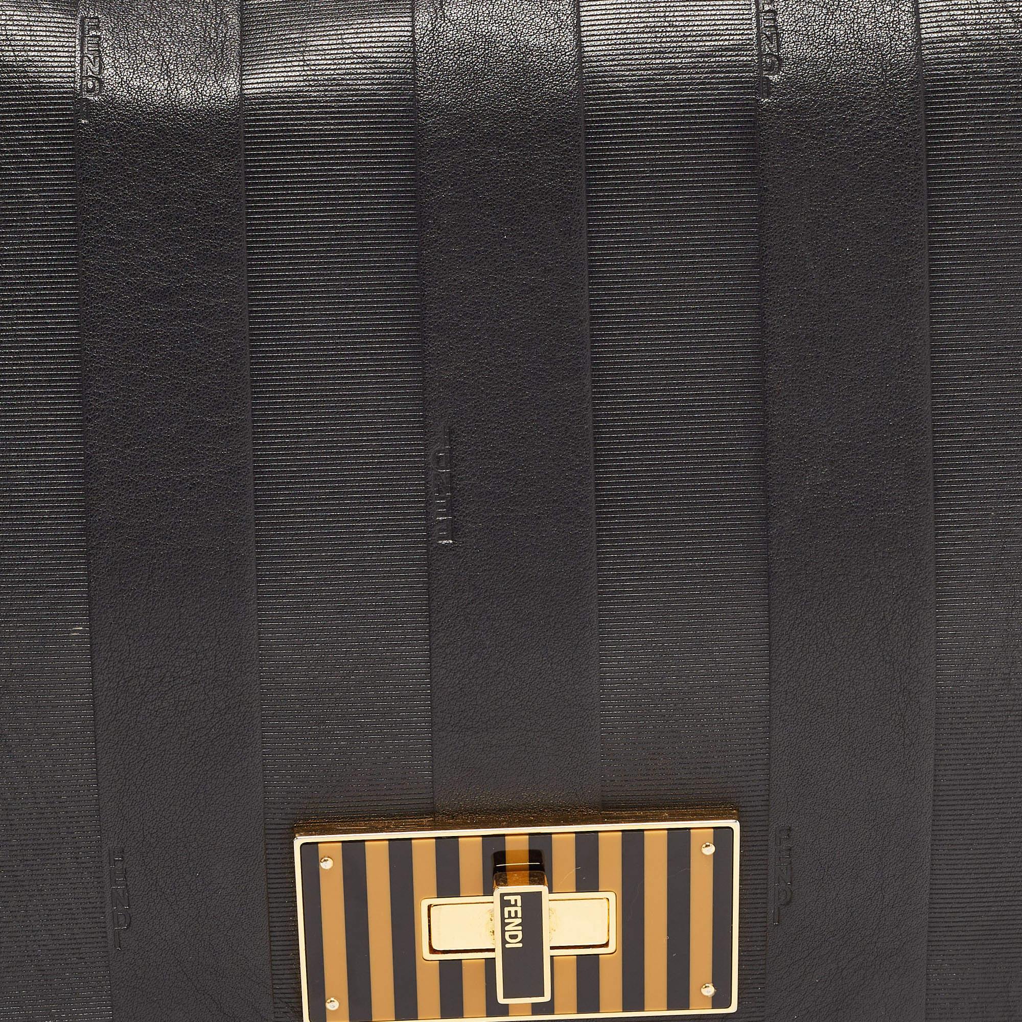 Fendi Black Pequin Stripe Embossed Leather Large Claudia Shoulder Bag 5