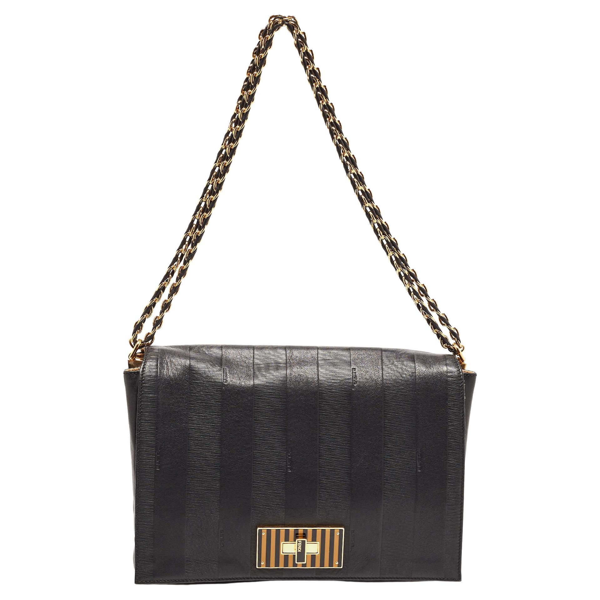 Fendi Black Pequin Stripe Embossed Leather Large Claudia Shoulder Bag