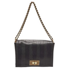 Fendi Black Pequin Stripe Embossed Leather Large Claudia Shoulder Bag