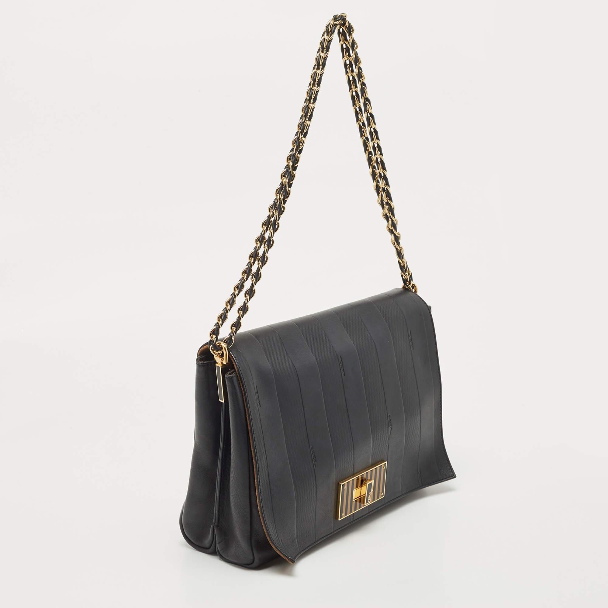 Fendi Black Pequin Stripe Leather Large Claudia Shoulder Bag In Good Condition In Dubai, Al Qouz 2
