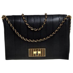 Fendi Black Pequin Stripe Leather Large Claudia Shoulder Bag