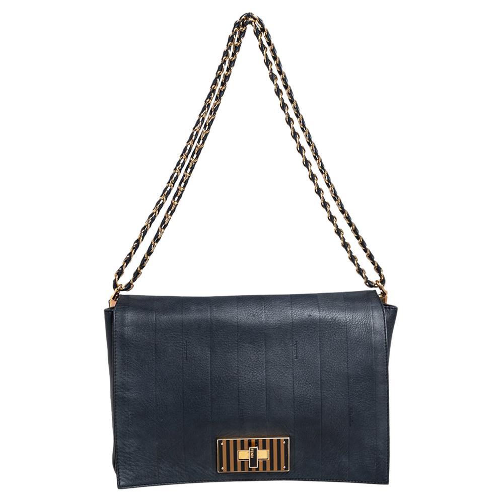 Fendi Black Pequin Stripe Leather Large Claudia Shoulder Bag