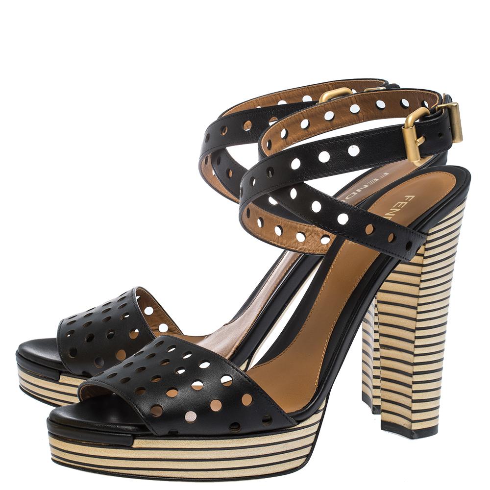 Fendi Black Perforated Ankle Strap Platform Sandals Size 40 2